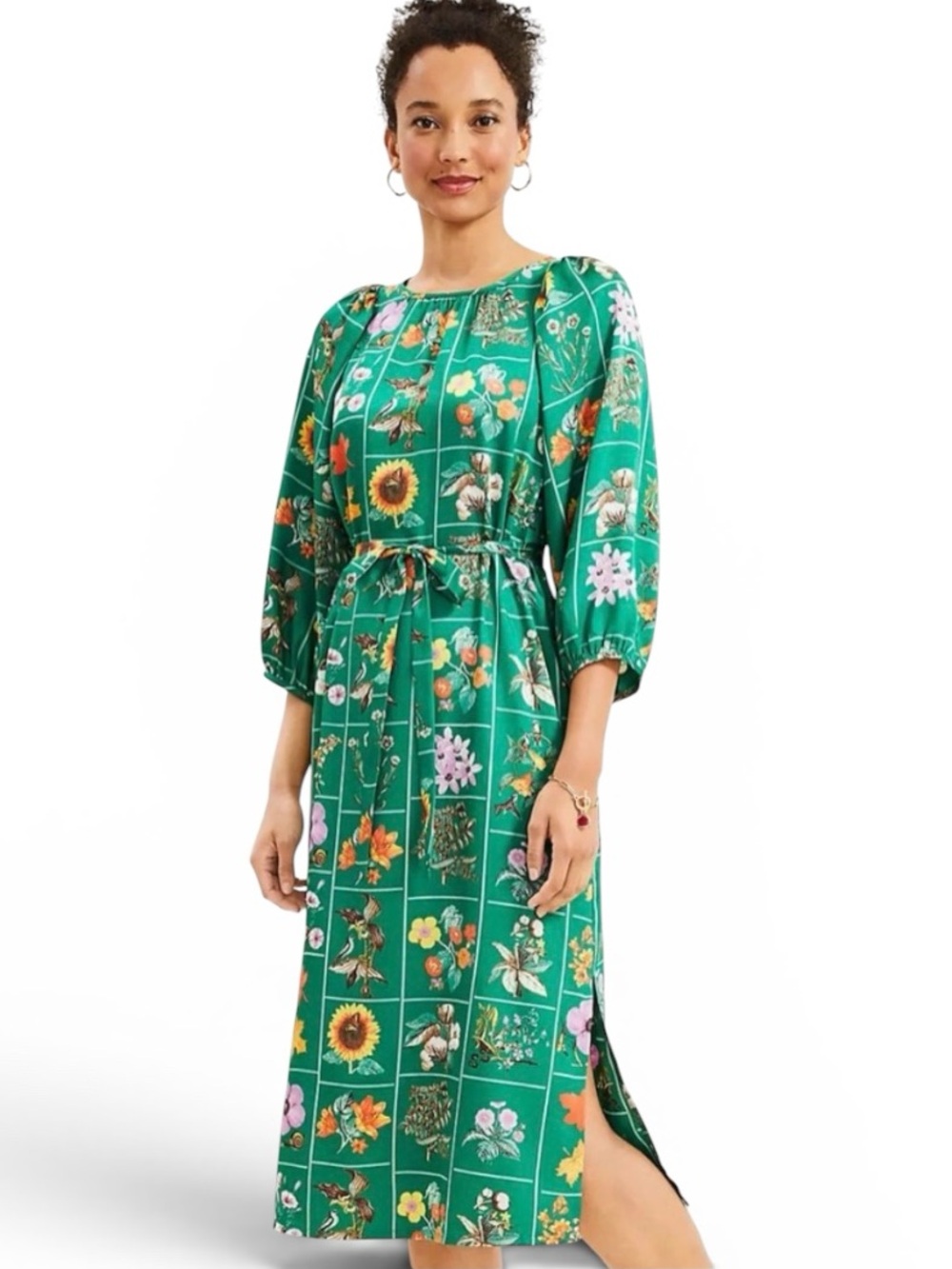 Loft Women’s Garden Print Green Puff Sleeve Midi Dress, Size Medium